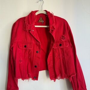 Distressed Red Denim Cropped Jacket